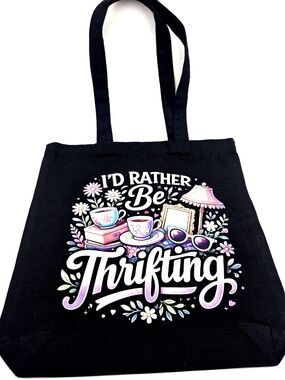 Tote Bag Graphic Canvas Id Rather Be Thrifting Black Carry Handle 13.5x13.5in